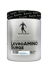 Kevin Levrone Levro Amino Surge supplement tub, 500g, featuring blackcurrant-pineapple flavor and muscle recovery benefits.